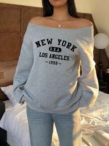 SHEIN EZwear Sudadera holgada de manga larga y delgada con estampado gráfico de Nueva York, para mujer - Top de manga larga