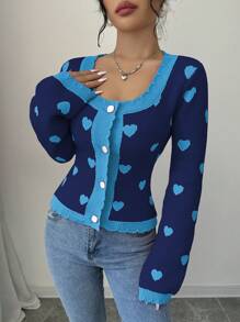 Elenzga 女士秋冬长袖单排扣修身开衫，配心形装饰 - 藍色 - 查看 3