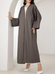 Al Najma 女式长袖简约休闲长款朴素阿拉伯长袍开衫，休闲开放式长袍，适合日常休闲/派对 - 咖啡棕 - 查看 7