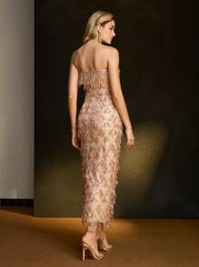 MOTF PREMIUM SEQUIN MESH OVERLAY FRINGE TRIM TUBE DRESS WITHOUT BELT - Champagne - View 7