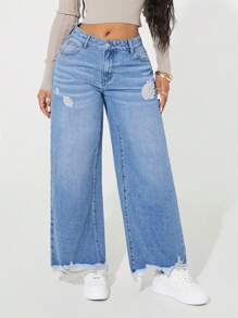 SHEIN SXY 女式破洞阔腿宽松休闲牛仔裤，带口袋 - 中等水洗藍 - 查看 2