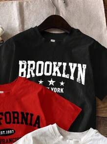 Attitoon Bộ 3 chiếc áo thun ngắn tay in chữ bó sát cổ tròn phong cách tối giản California, Los Angeles, Brooklyn dành cho nữ, phù hợp cho mùa hè - Nhiều màu - Xem 5