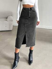 RueChic Women Casual Washed Edge Slit Denim A-Line Skirt, Autumn - Dark Grey - View 6
