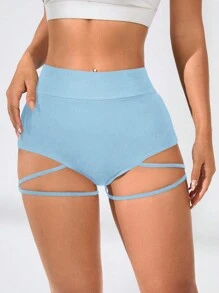 Easithlete Quần short thể thao cạp cao đơn giản cho nữ, phong cách tối giản để mặc hàng ngày - Màu xanh lam - Xem 4