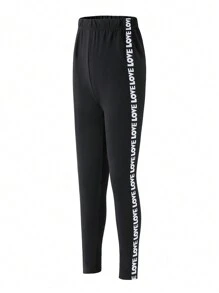 SHEIN Explorewe Tween Girls And Versatile Letter Band Leggings, Perfect For Casual Wear, In Spring And Fall And Winter,Black Leggings