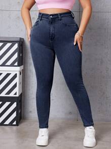 CovetEZ Plus Size Fashionable Versatile Slant Pocket Stretchy Skinny Jeans - Dark Wash - View 5