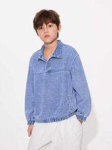 Tween Boy Casual Basic Comfortable Soft Denim Bomber Jacket, Suitable For Daily Wear - Medium Wash - View 6
