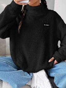 Solflare Plus Size Letter Applique High Neck Drop Shoulder Teddy Fleece Black Sweatshirt, Autumn/Winter Fuzzy Oversized Fall Sweatshirt - Black - View 1