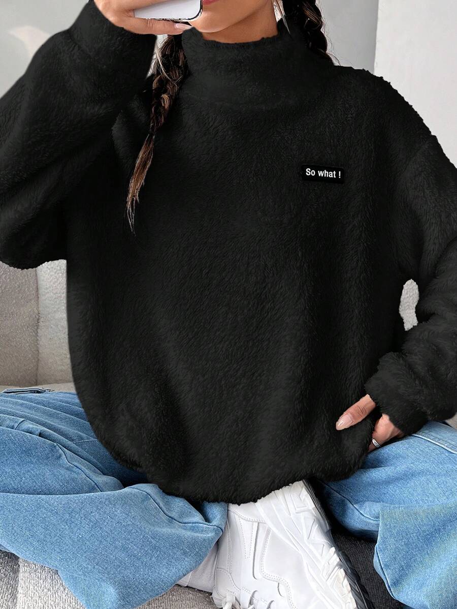 Solflare Plus Size Letter Applique High Neck Drop Shoulder Teddy Fleece Black Sweatshirt, Autumn/Winter Fuzzy Oversized Fall Sweatshirt - Black - View 1