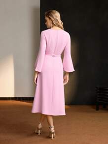 MOTF Soiréza SOLID TWIST KEYHOLE NECK BELL SLEEVE BOW BELTED DRESS - Pink - View 6
