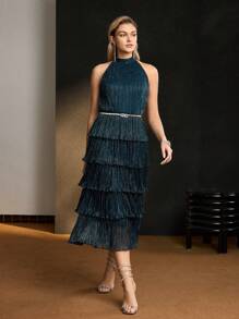MOTF Soiréza GLITTER SOLID PLISSE LAYERED RUFFLE HEM HALTER NECK DRESS WITHOUT BELT - Dark Green - View 9