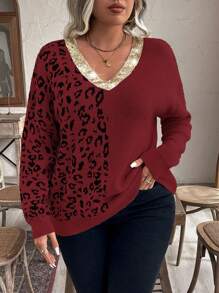 Calvaya Plus Size Casual Leopard Pattern Contrast Sequin V-Neck Dropped Shoulder Pullover Sweater Knit Pullover Fall Winter - Burgundy - View 1