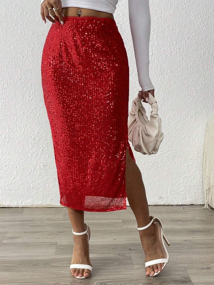 Chiquease 优雅派对合身开衩中长裙，纯色亮片，适合新年假期派对服装