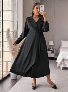 SHEIN Unity Plus Size Solid Color Long Sleeve Lapel Neck Minimalist Casual Long Dress - Black - View 6