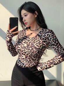 DAZY Women's Autumn Fashionable Leopard Print Fitted T-Shirt Cheetah Print Long Sleeve Women Tops,Fall Women Clothes - Camel - View 7