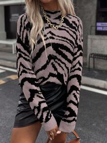 Chiquease 秋冬休闲斑马纹落肩毛衣 - 彩色 - 查看 5