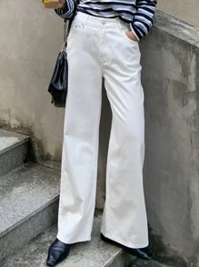 DAZY Quần Jeans Nữ Kiểu Dáng Thẳng Thời Trang Màu Trơn Có Túi Xiên - trắng - Xem 3