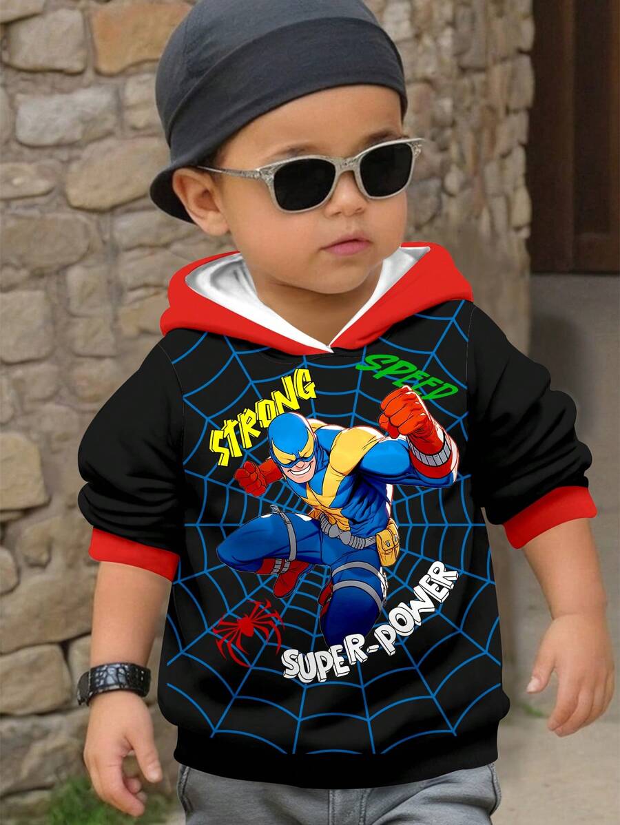 SHEIN 年轻男孩休闲宽松舒适日常酷炫雷达蜘蛛网超强力蜘蛛英雄图案针织长袖运动衫，适合秋冬季 - 彩色 - 查看 1