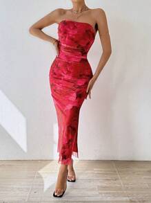 SHEIN ChicEase Women's Strapless Floral Allover Print Split Hem Casual Dress - Red - View 6
