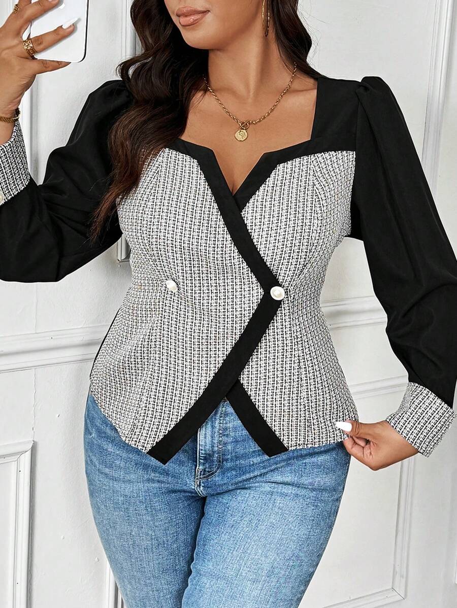 Flirla Plus Size French Waist Decor Button Down Long Sleeve Blouse Shirt - Black and White - View 1