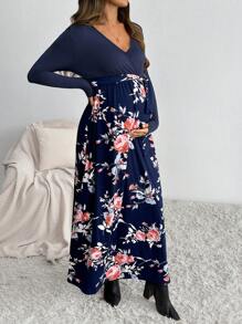 SHEIN Maternity Nursing Dress, V-Neck Long Sleeve Patchwork Printed Maternity Dress, Blue - Navy Blue - View 6