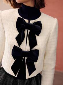 MOTF PREMIUM 粗花呢撞色蝴蝶结前襟夹克 - 白色 - 查看 3