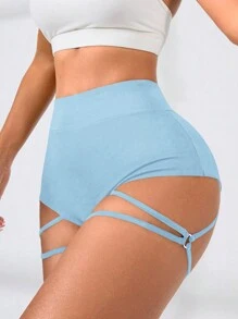 Easithlete Quần short thể thao cạp cao đơn giản cho nữ, phong cách tối giản để mặc hàng ngày - Màu xanh lam - Xem 2