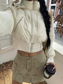 SHEIN EZwear Áo khoác nữ dày dặn có cổ lông, thắt eo, thích hợp cho mùa thu/đông. - Màu be - Xem 3