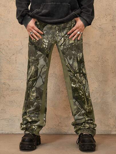 Street Life Jeans décontractés à pattes évasées avec imprimé de branche pour homme