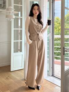 DAZY 2 件套女士套装简约前扣背心和阔腿裤套装适合通勤，秋季 - 卡其色 - 查看 3