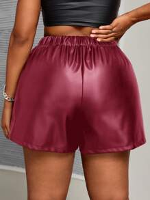 Slaydiva Plus Size Asymmetric Pleated Button Decor Plain PU Shorts For Commuting And Business, Autumn/Winter