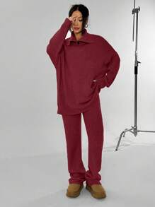 SHEIN Unity Bộ 2 món/Bộ đồ nữ cổ polo màu trơn dài tay áo len và quần dệt kim thường ngày, Thu/Đông - Đỏ - Xem 3