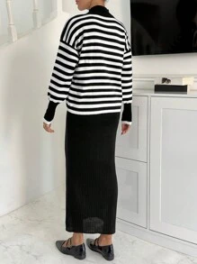 EURMUSE 2pcs/Set Women Stripe Stand Collar Drop Shoulder Long Sleeve Sweater & Sleeveless Knitted Dress, Autumn/Winter - Black and White - View 2