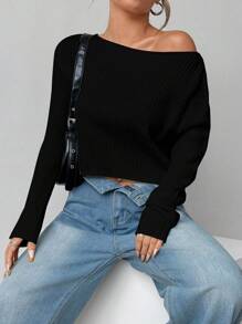 Flirla 女士纯色不对称领针织毛衣，休闲日常穿着，秋冬针织套头衫 - 黑色 - 查看 6