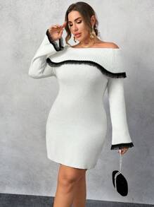 Flirla Vestido de Suéter Plus Size com Ombro à Mostra, Cor Sólida, Detalhe em Renda Contrastante para Mulheres