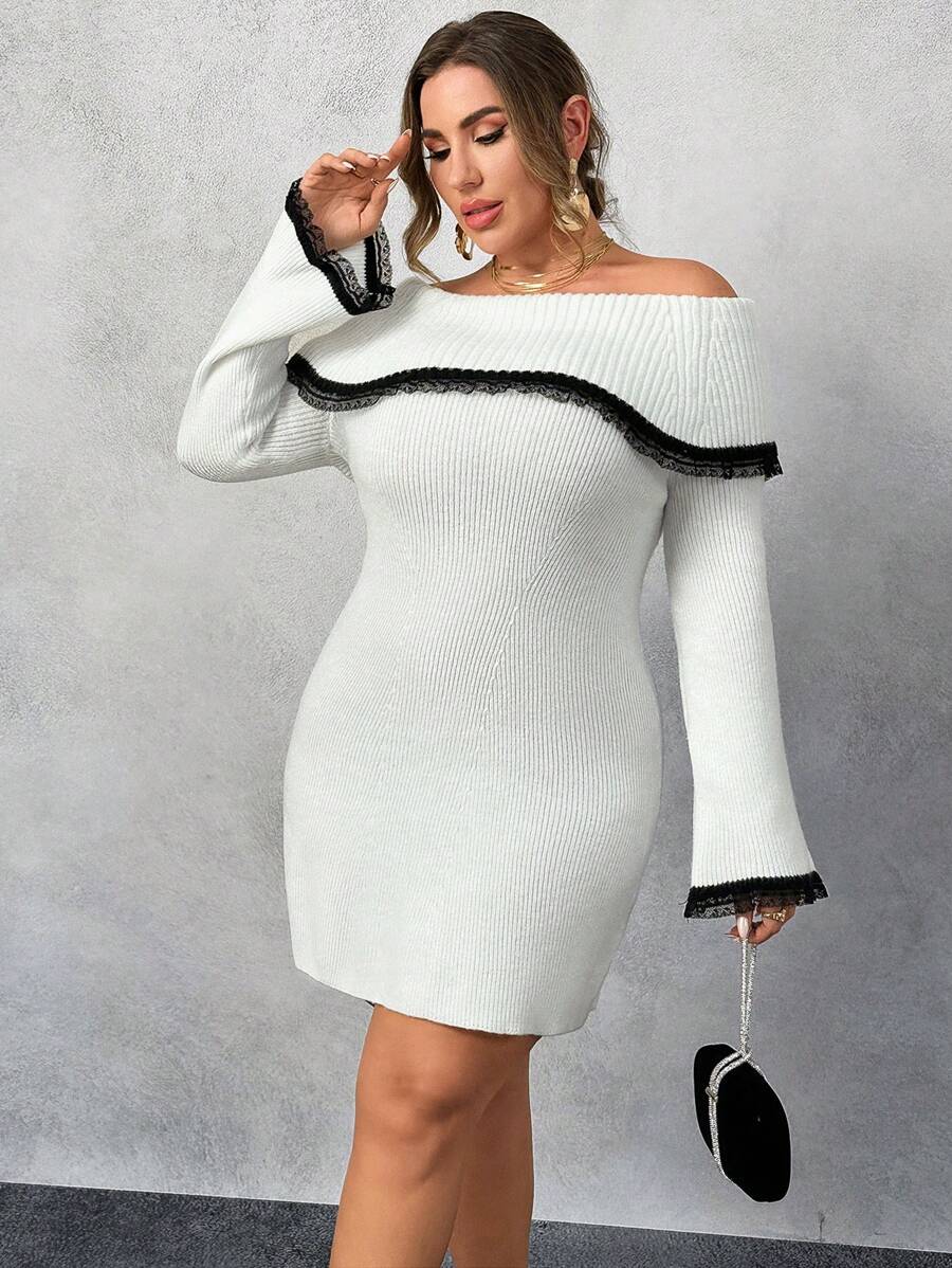 Flirla Vestido de Suéter Plus Size com Ombro à Mostra, Cor Sólida, Detalhe em Renda Contrastante para Mulheres