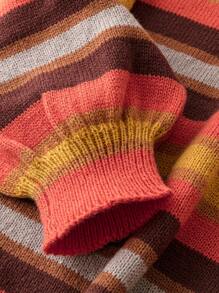 Flirla Plus Size Crew Neck Long Sleeve Striped Simple Casual Retro Color Block Sweater, Fall Knit Pullover Fall Winter - Orange - View 5