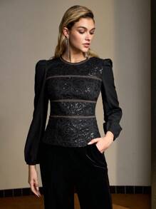 MOTF PREMIUM 亮片刺绣泡泡袖修身上衣