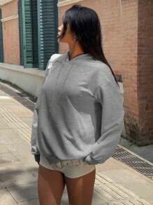 SHEIN EZwear Casual Vintage Car Graphic Print Loose Fit Hoodie Sweatshirt For Women, Suitable For Autumn/Winter - Light Grey - View 7