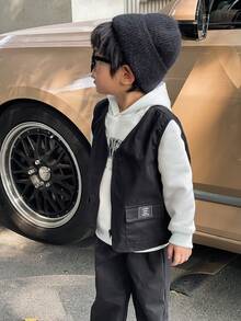 SHEIN 3pcs Young Boys Cute Casual Comfy Solid Color Hoodie, Decorated Gilet, And Pants Set, Suitable For Outings, School, Daily Gatherings, Parties, Autumn/Winter