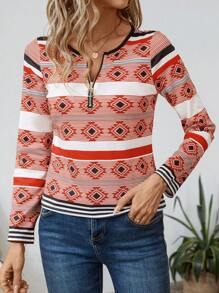 INAWLY 女士几何印花拉链休闲长袖 T 恤 - 橘色 - 查看 1