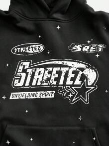 Manfinity NXTstreet 男士宽松针织长袖字母印花连帽衫套装，适合秋冬 - 黑色 - 查看 5