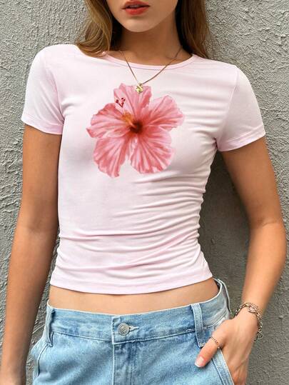 INAWLY 女士花卉印花圆领短袖休闲 T 恤，夏季图案粉色返校服装图案 T 恤女式上衣