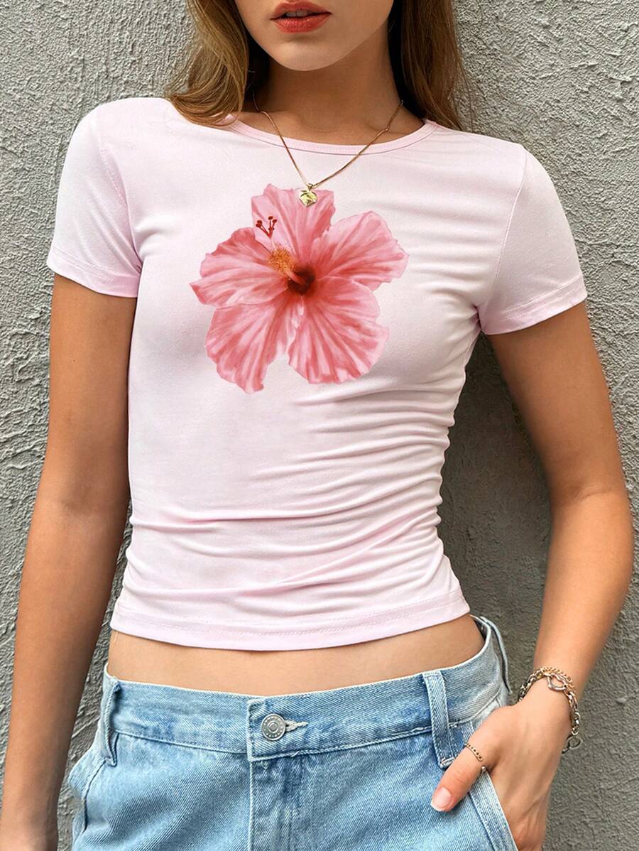 INAWLY 女士花卉印花圆领短袖休闲 T 恤，夏季图案粉色返校服装图案 T 恤女式上衣 - 淺粉色 - 查看 1