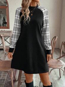 EMERY ROSE Women's Solid Color Patchwork Stand Collar Long Sleeve Short Casual Dress