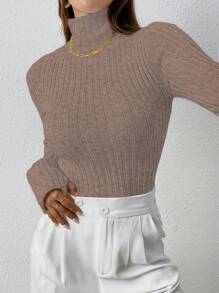SHEIN LUNE Women's Casual Solid Color High Neck Ribbed Knit Slim Fit Sweater - Mocha Brown - View 5