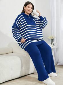 SHEIN Cottnline Plus Size Women's Houndstooth Drop Shoulder Button Down Cardigan Sweater And Pants 3-Piece Set, For Winter - Royal Blue - View 1