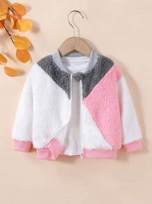 Baby Girl Cute Fashionable Casual Standing Collar Embroidered Smiling Face Pink Faux Leather Jacket, Autumn/Winter - Multicolor - View 1