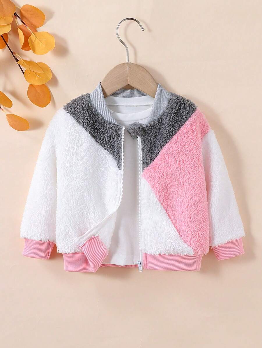 Baby Girl Cute Fashionable Casual Standing Collar Embroidered Smiling Face Pink Faux Leather Jacket, Autumn/Winter - Multicolor - View 1