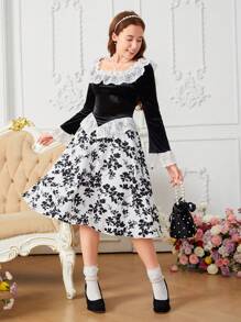 优雅新款活力复古修身撞色荷叶边喇叭袖天鹅绒撞色花卉中长袖连衣裙，适合少女